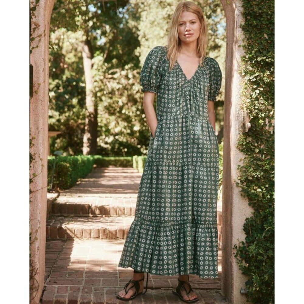 The Great. The Dakota Midi Dress Floral Printed Puff Sleeve Cotton S-1 274796